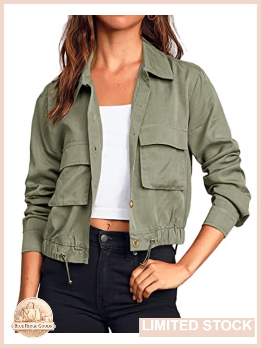 Women's Cropped Lightweight Utility Jacket Pockets Drawstring Button Down